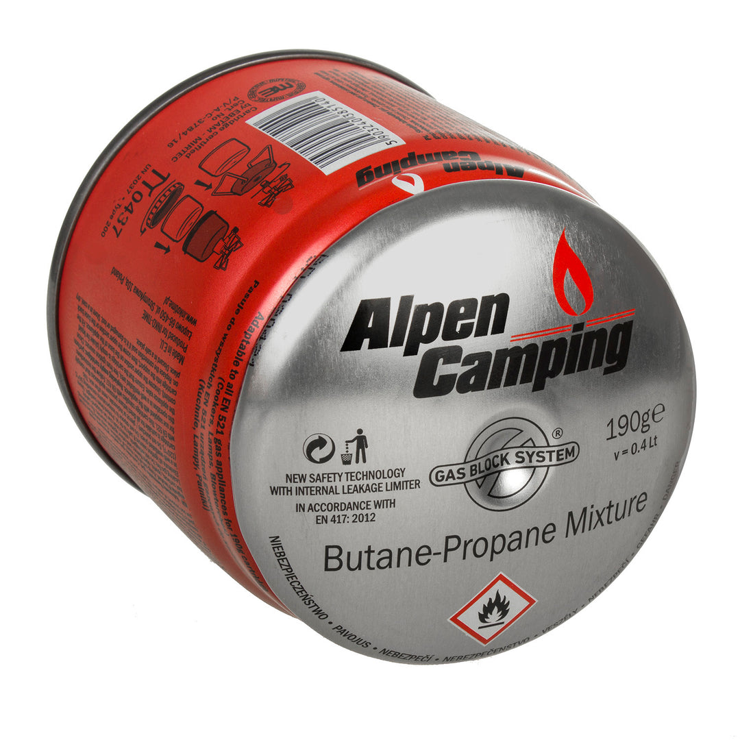 12x Alpen Camping 400ml plynová kartuša: Pi 0437, spĺňa EN417, propán-bután, rozsah -10°c až + 40°c, systém GAS STOP IK006
