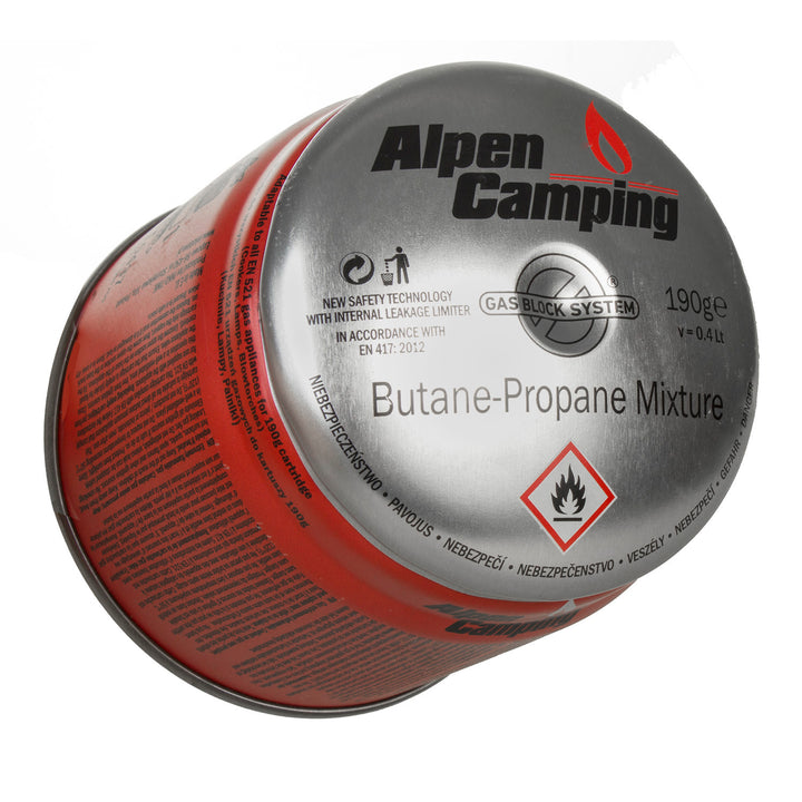 12x Alpen Camping 400ml plynová kartuša: Pi 0437, spĺňa EN417, propán-bután, rozsah -10°c až + 40°c, systém GAS STOP IK006
