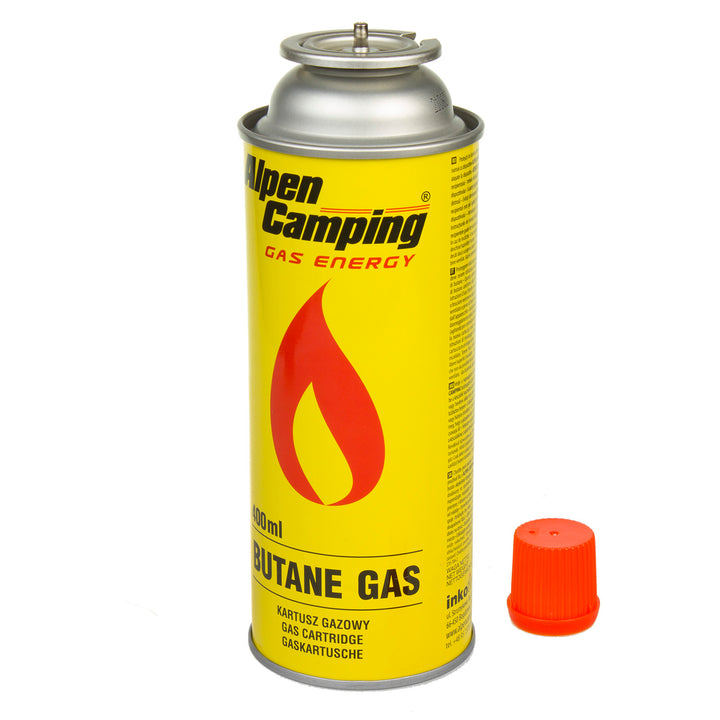 14x Alpen Camping 400ml plynová kartuša. Certifikát: Vyhovuje norme EN417, izobután, prevádzkový rozsah -10°c až + 40°c, IK004