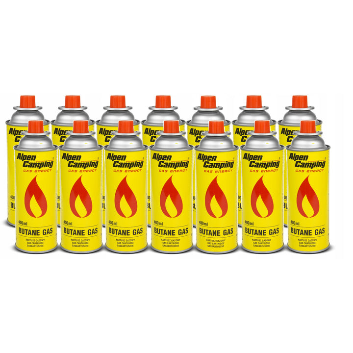 14x Alpen Camping 400ml plynová kartuša. Certifikát: Vyhovuje norme EN417, izobután, prevádzkový rozsah -10°c až + 40°c, IK004