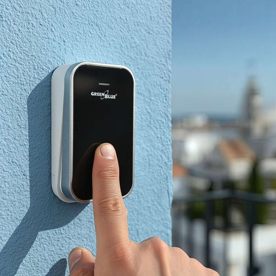 Kinetický bezdrôtový zvonček bez batérií, 38 melódií, čierny, dosah až 200 m, IP44, GreenBlue GB157 B