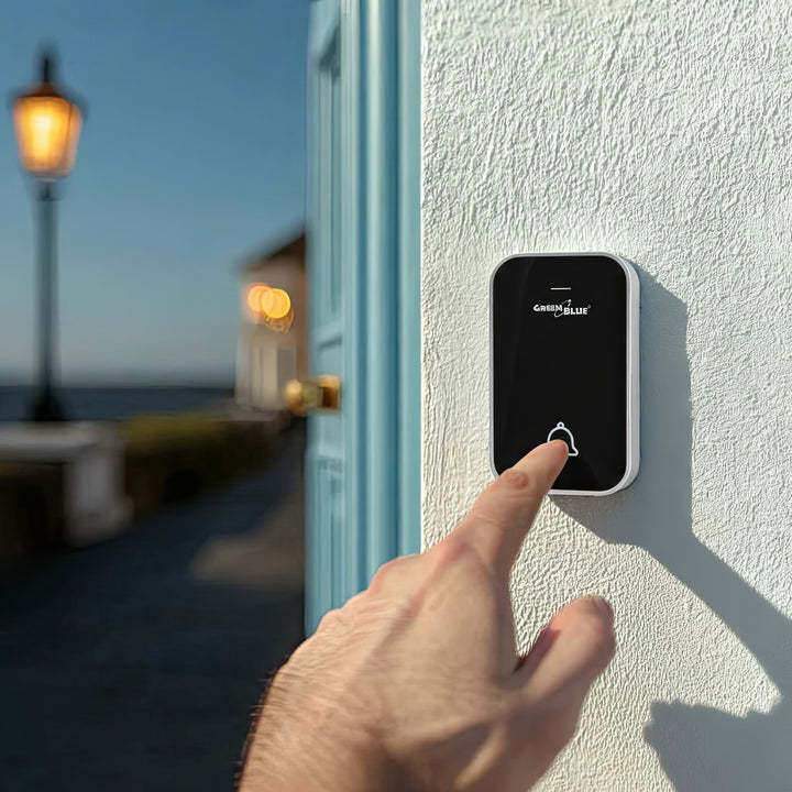 Kinetický bezdrôtový zvonček bez batérií, 38 melódií, čierny, dosah až 200 m, IP44, GreenBlue GB157 B