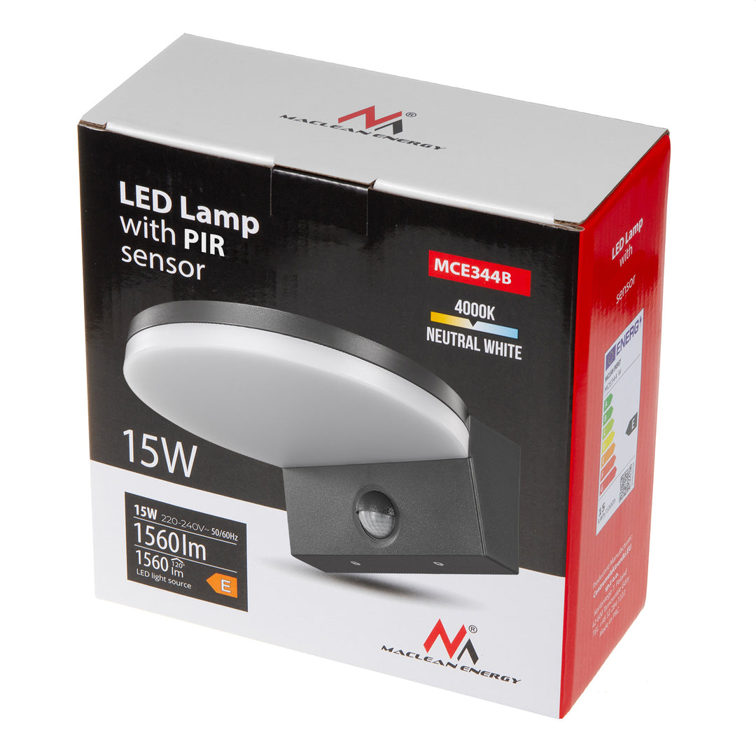 LED lampa Maclean so senzorom pohybu, PIR senzor pohybu, čierna, 15W, IP65, 1560lm, neutrálna biela (4000K) MCE344 B