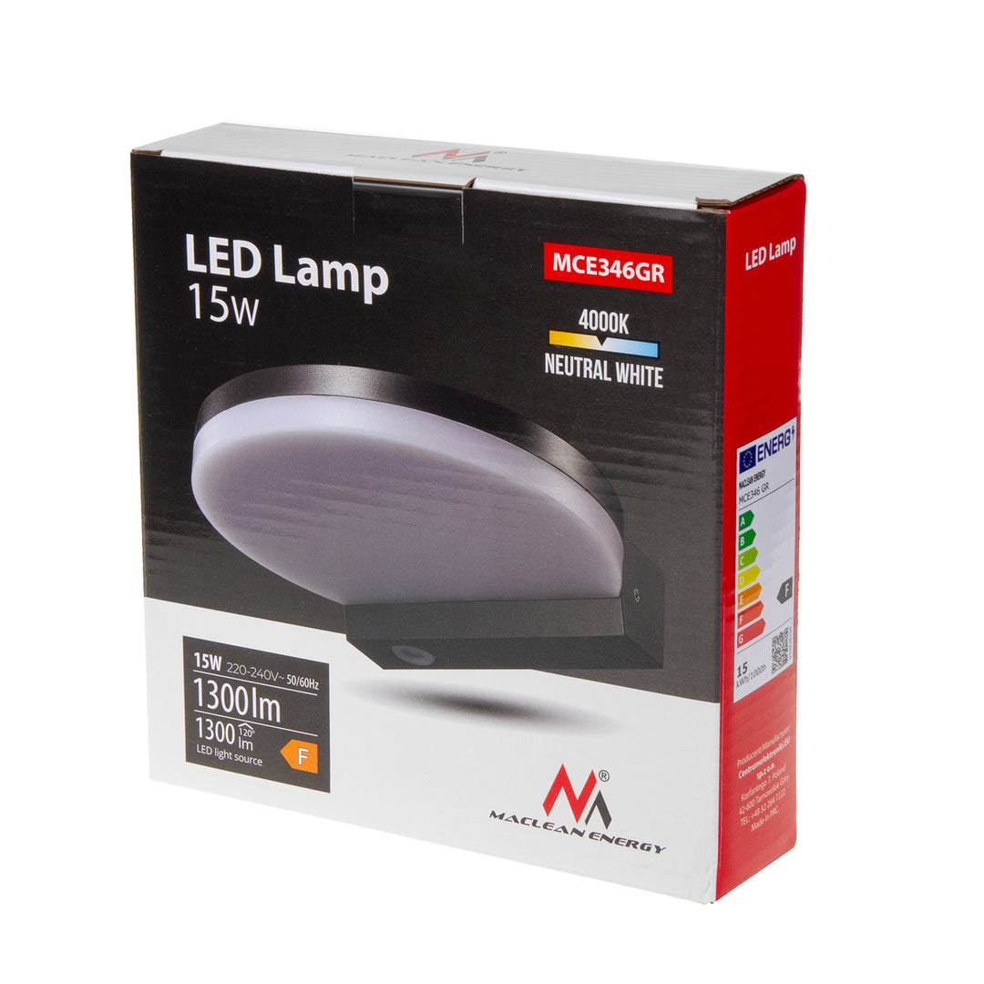 Maclean LED lampa, sivá, 15W, IP65, 1300lm, neutrálna biela (4000K) MCE346 GR