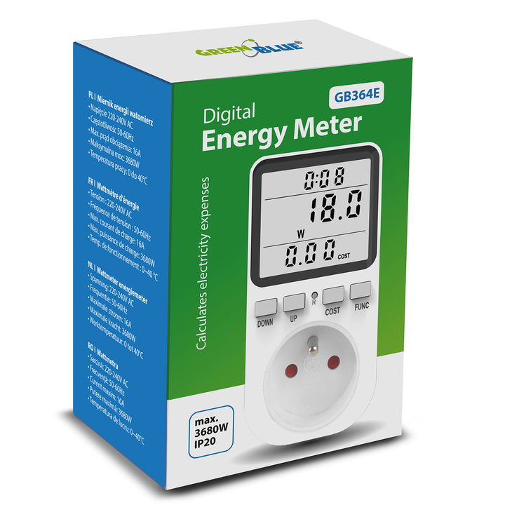 GreenBlue merač energie, wattmeter, typ E, 220-240V AC, 50Hz, max. zaťaženie 16A, IP20, vstavaná batéria, GB364 E