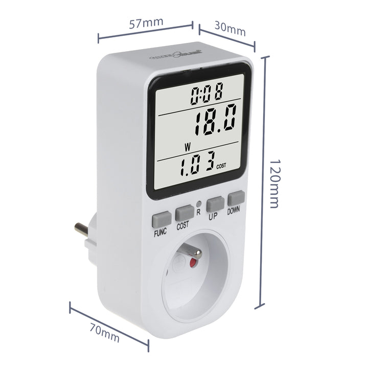 GreenBlue merač energie, wattmeter, typ E, 220-240V AC, 50Hz, max. zaťaženie 16A, IP20, vstavaná batéria, GB364 E