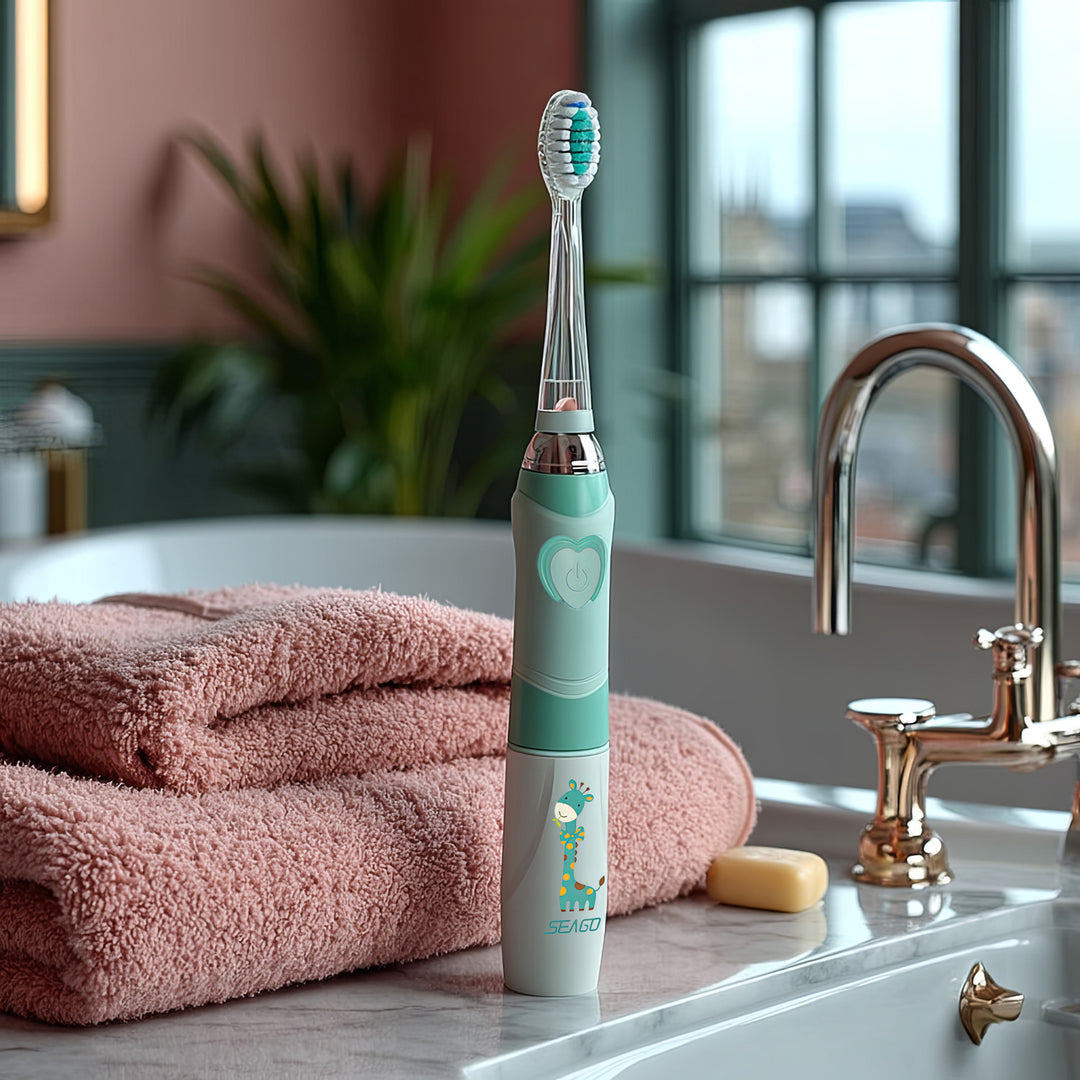 Detská sonická zubná kefka SEAGO, farba zelená, 1xAA 1,5V (nie je súčasťou balenia), 3 koncovky, SG-977 Green