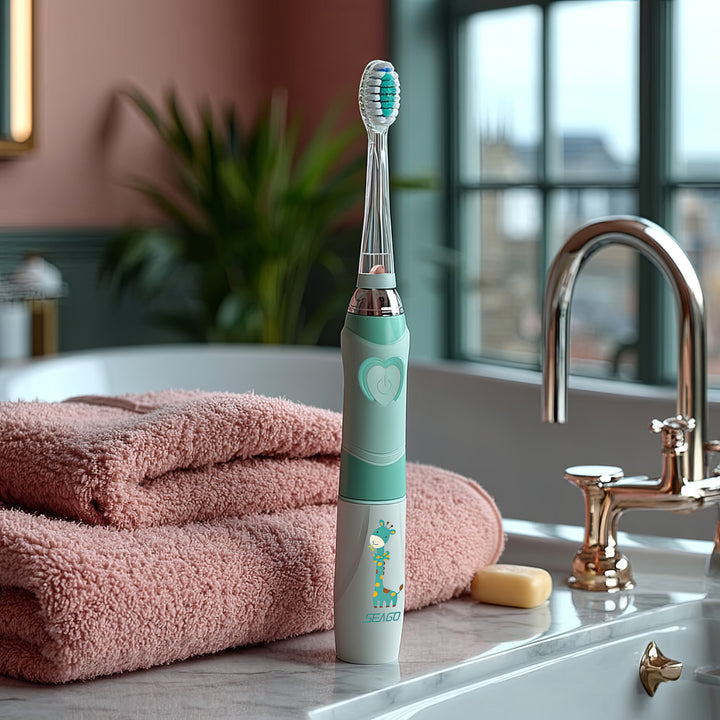 Detská sonická zubná kefka SEAGO, farba zelená, 1xAA 1,5V (nie je súčasťou balenia), 3 koncovky, SG-977 Green