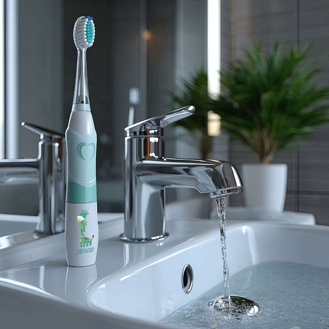 Detská sonická zubná kefka SEAGO, farba zelená, 1xAA 1,5V (nie je súčasťou balenia), 3 koncovky, SG-977 Green