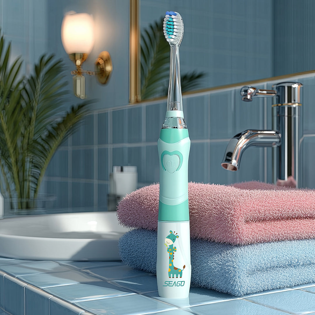 Detská sonická zubná kefka SEAGO, farba zelená, 1xAA 1,5V (nie je súčasťou balenia), 3 koncovky, SG-977 Green
