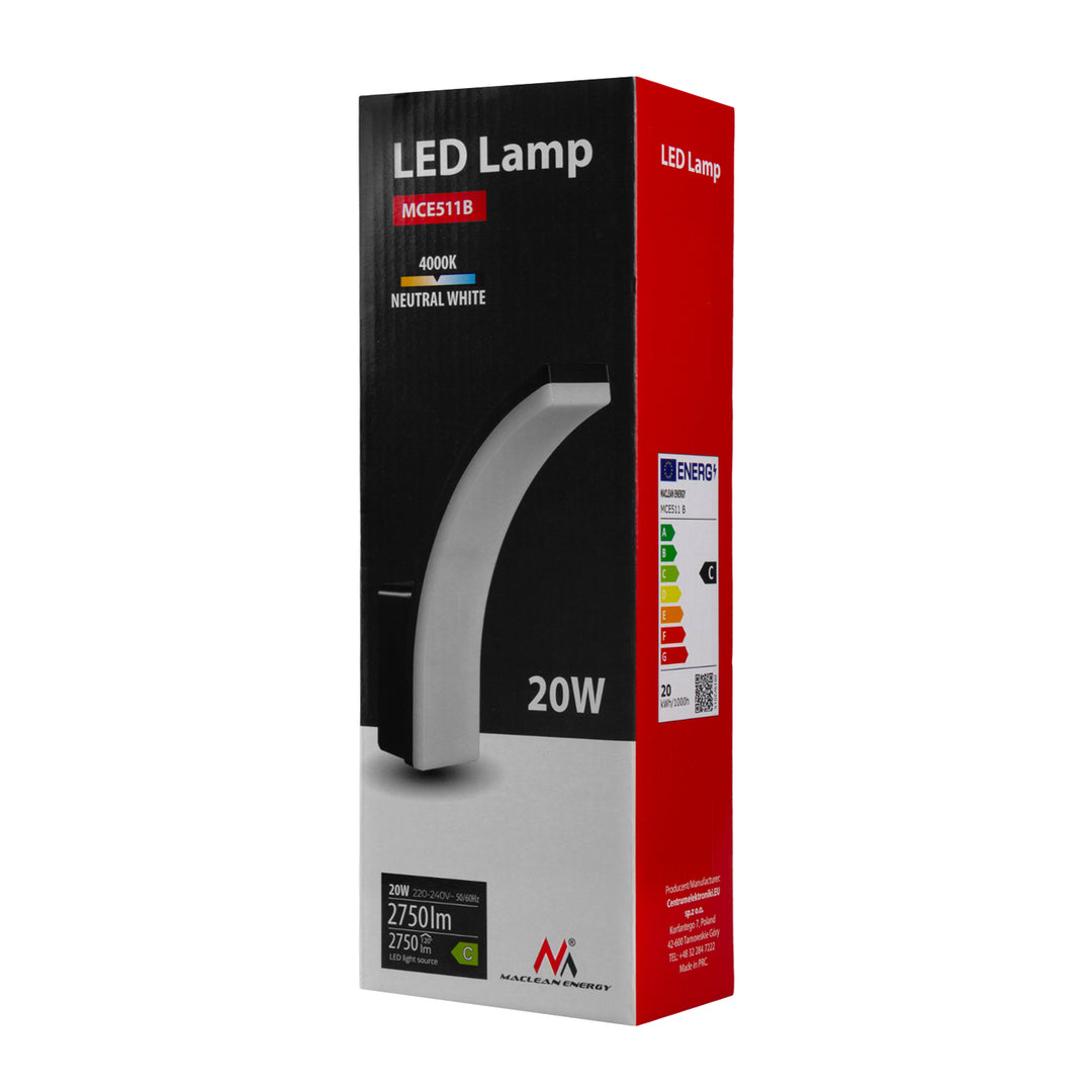 Maclean LED lampa čierna 20W IP65 2750lm neutrálna biela 4000K MCE511 B