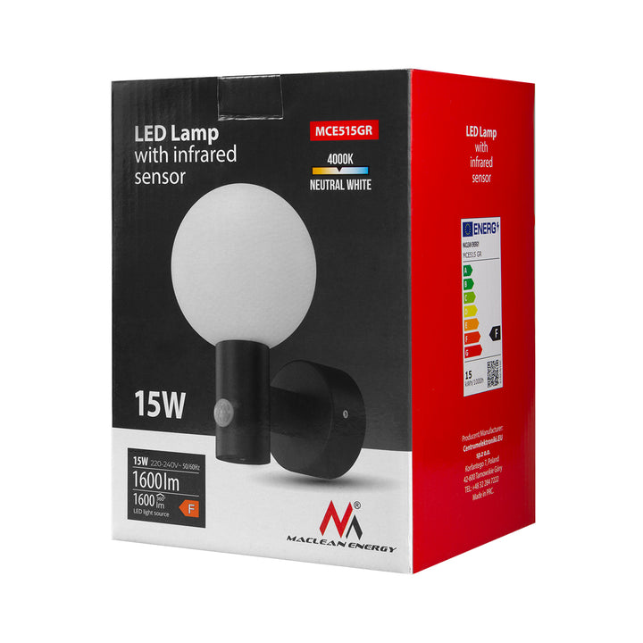 Maclean PIR detektor pohybu LED lampa sivá 15W IP65 1600lm 4000K