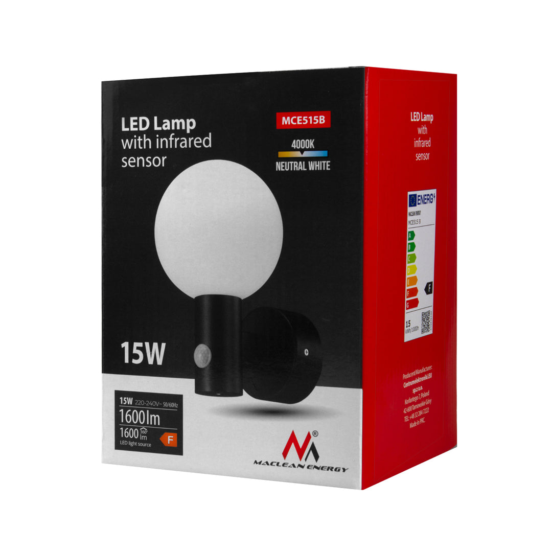 Maclean PIR detektor pohybu LED lampa čierna 15W IP65 1600lm 4000K