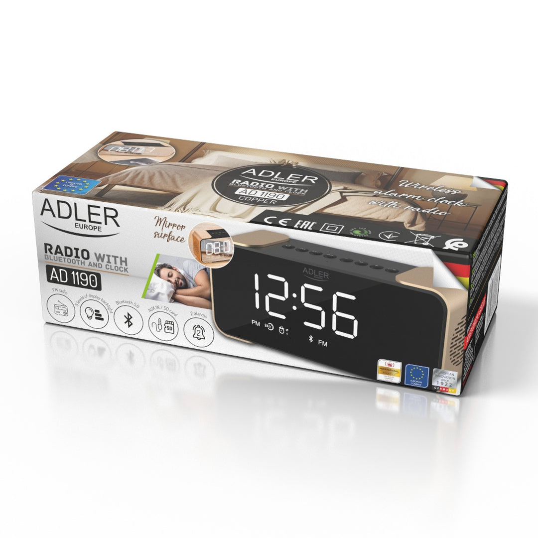 Adler AD 1190 Bezdrôtový rádiový budík z medi s LED displejom a funkciou Bluetooth