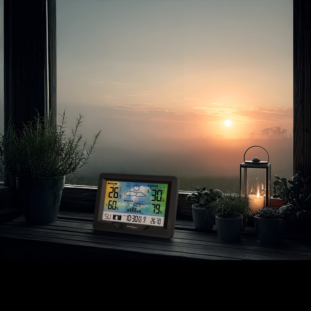 Bezdrôtová meteostanica GreenBlue, farebná, s DCF, fázami mesiaca, barometrom, kalendárom, napájacím zdrojom, GB540N