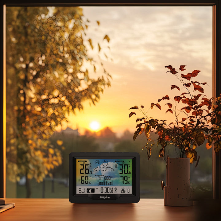 Bezdrôtová meteostanica GreenBlue, farebná, s DCF, fázami mesiaca, barometrom, kalendárom, napájacím zdrojom, GB540N