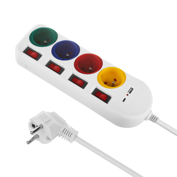 Napájacia lišta Maclean, predlžovací kábel so 4 zásuvkami + USB A/C, s prepínačmi, 250 VAC/10A, 1,5 m, biela, MCE508 W
