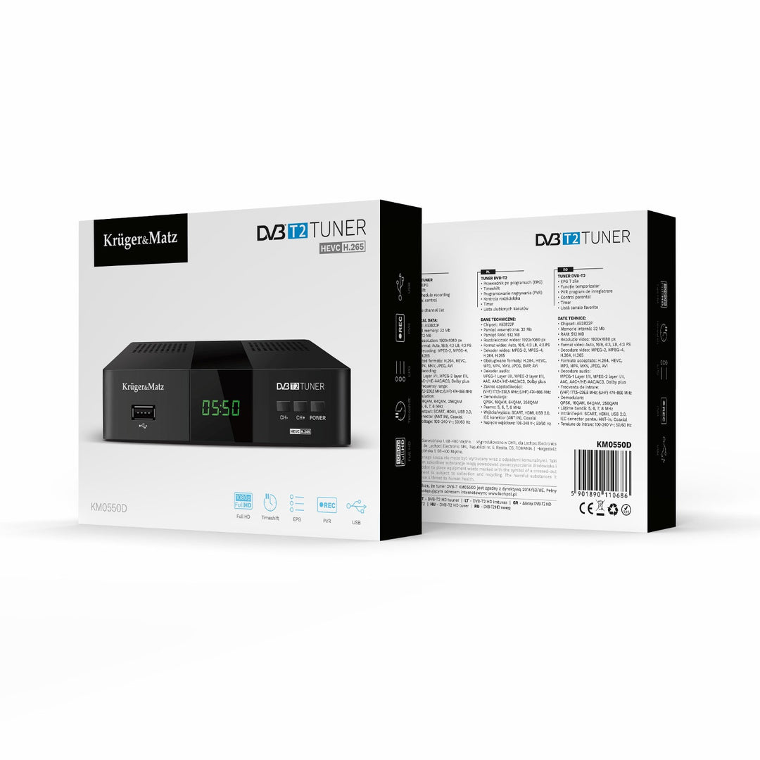 Tuner s dekodérom DVB-T2 KM0550D H.265 HEVC EPG PVR Timeshift Kruger&Matz
