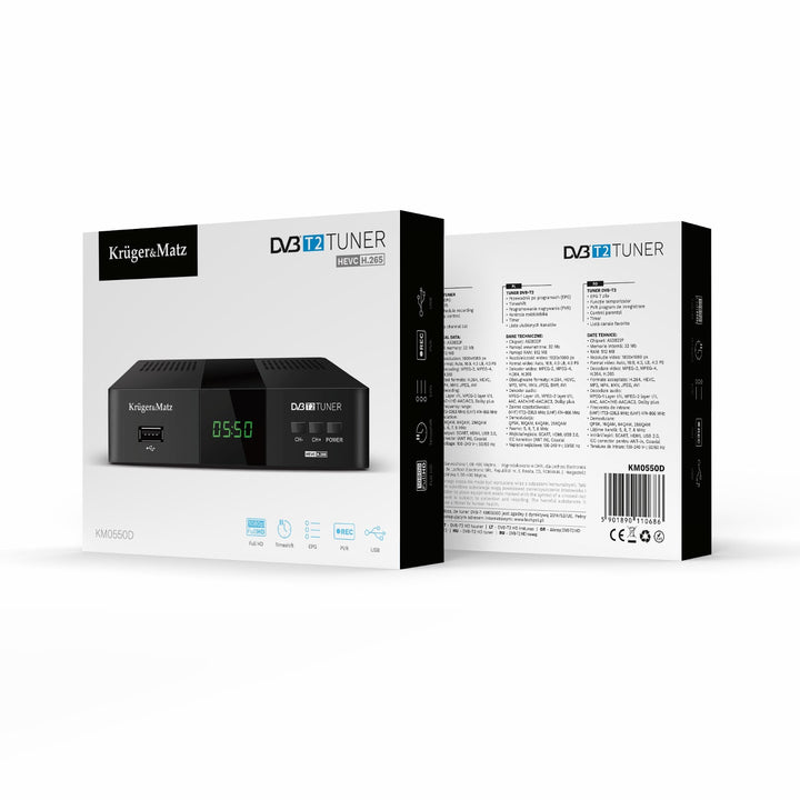 Tuner s dekodérom DVB-T2 KM0550D H.265 HEVC EPG PVR Timeshift Kruger&Matz