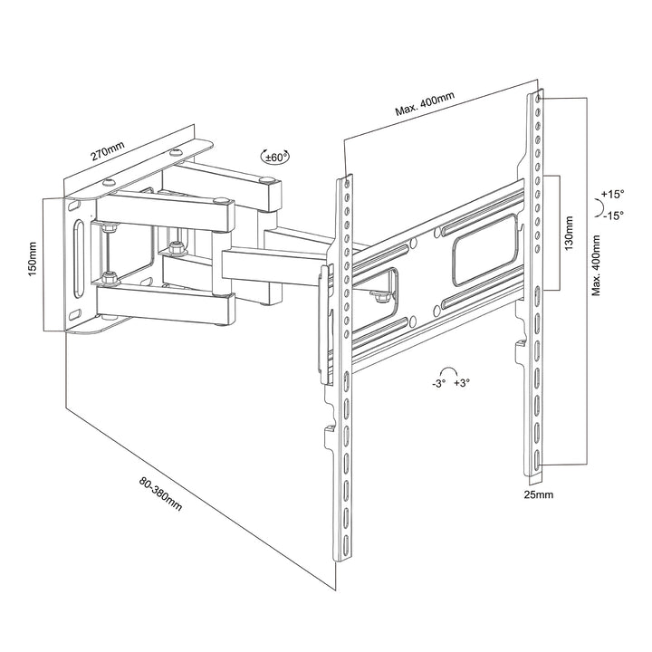Držiak na TV Maclean, max. VESA 400x400, 32-75", 50 kg, horizontálne a vertikálne nastavenie uhla, profil 80-380 mm, čierny, MC-788