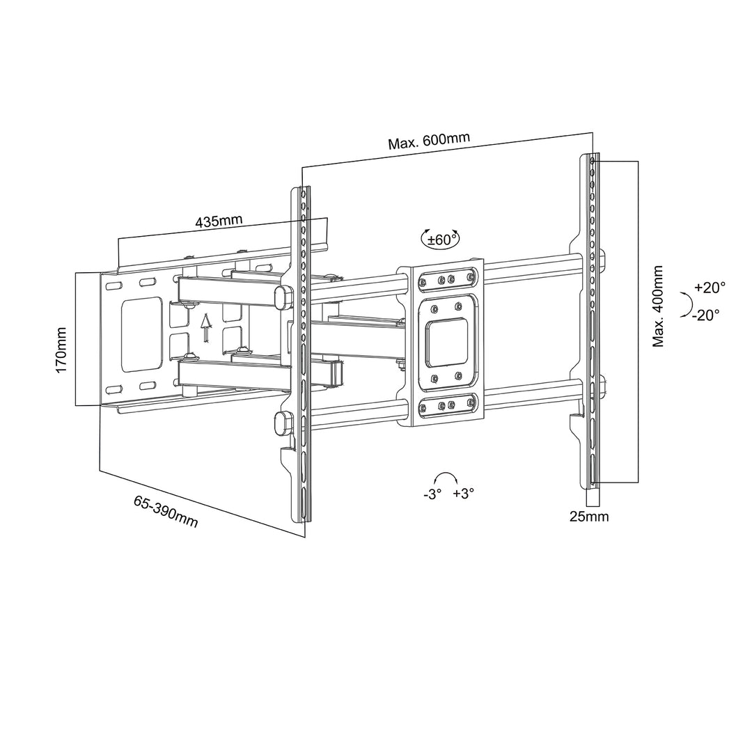 Držiak na TV Maclean, max. VESA 600x400, 32-85", 60 kg, horizontálne a vertikálne nastavenie uhla, profil 65-390 mm, čierny, MC-789