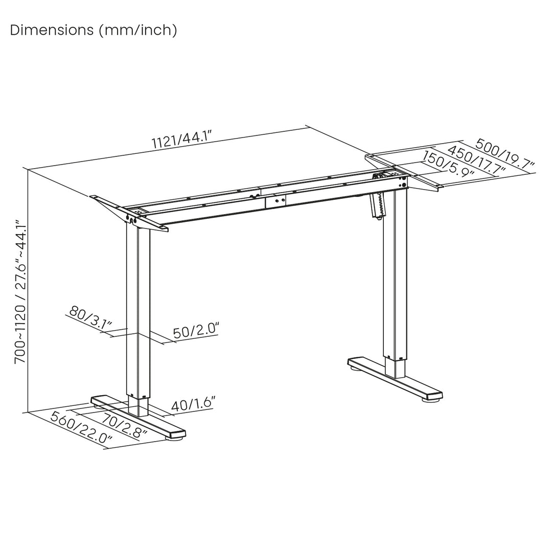 Elektricky výškovo nastaviteľný stôl Ergo Office, max. výška 1160 mm, max. hmotnosť 80 kg, bez stolovej dosky, čierny, ER-400 B