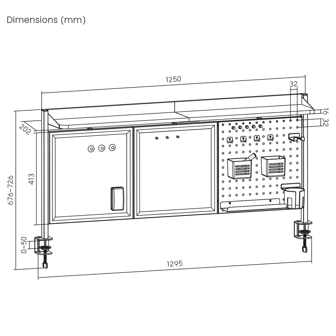 Deliaci panel / organizér Ergo Office, max. zaťaženie 10 kg, biela a korková doska, šírka 1250 mm, čierny,ER-300 B
