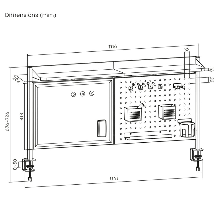 Deliaci panel / organizér Ergo Office, max. zaťaženie 10 kg, biela tabuľa, šírka 1116 mm, čierny, ER-301 B