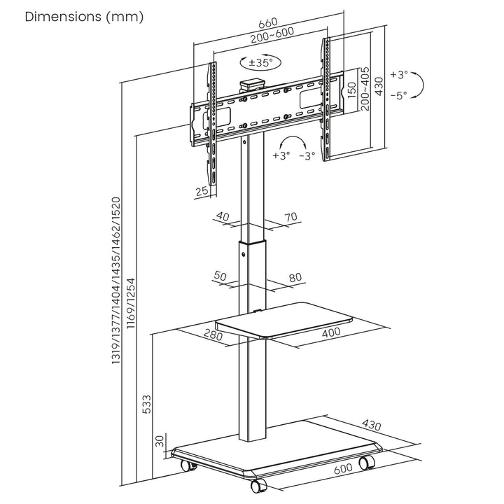 TV stojan / vozík Ergo-Office, max. zaťaženie 50 kg / 5 kg polica, max. VESA 600x400, zabudovaná napájacia lišta, čierna, ER-304 B