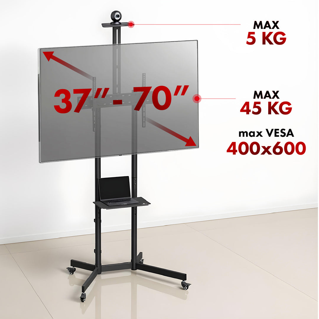Maclean TV stojan / vozík, polička na kameru, na kolieskach, 37-70", max. zaťaženie 45kg/5kg polička, max. VESA 600x400, MC-113 B
