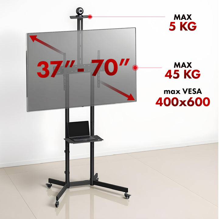 Maclean TV stojan / vozík, polička na kameru, na kolieskach, 37-70", max. zaťaženie 45kg/5kg polička, max. VESA 600x400, MC-113 B