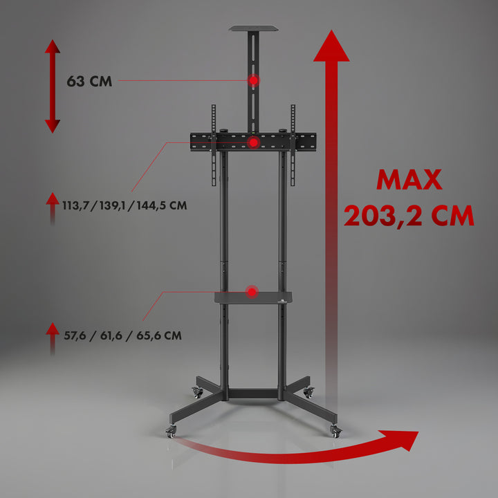 Maclean TV stojan / vozík, polička na kameru, na kolieskach, 37-70", max. zaťaženie 45kg/5kg polička, max. VESA 600x400, MC-113 B