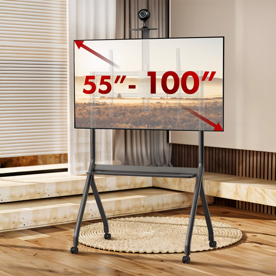 Maclean TV stojan / vozík, polička na kameru, na kolieskach, 55-100", max. zaťaženie 120kg/10kg polička, max. VESA 900x600, čierna, MC-114 B