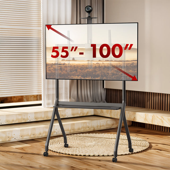 Maclean TV stojan / vozík, polička na kameru, na kolieskach, 55-100", max. zaťaženie 120kg/10kg polička, max. VESA 900x600, čierna, MC-114 B