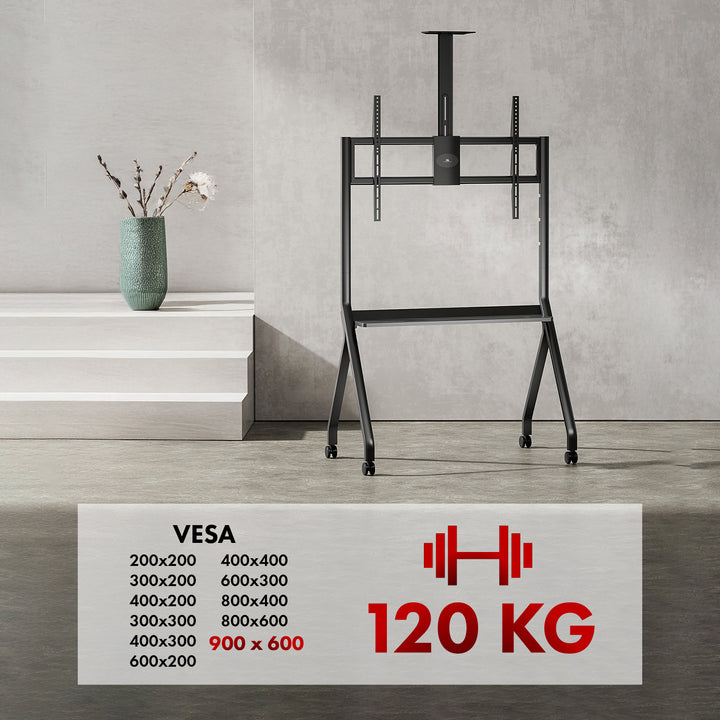 Maclean TV stojan / vozík, polička na kameru, na kolieskach, 55-100", max. zaťaženie 120kg/10kg polička, max. VESA 900x600, čierna, MC-114 B