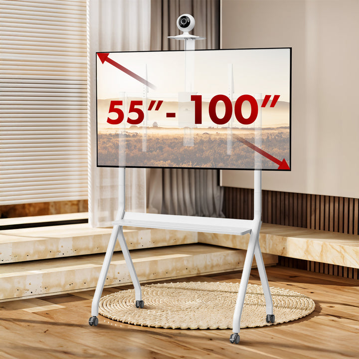 Maclean TV stojan / vozík, polička na kameru, na kolieskach, 55-100", max. zaťaženie 120kg/10kg polička, max. VESA 900x600, biela, MC-114 W
