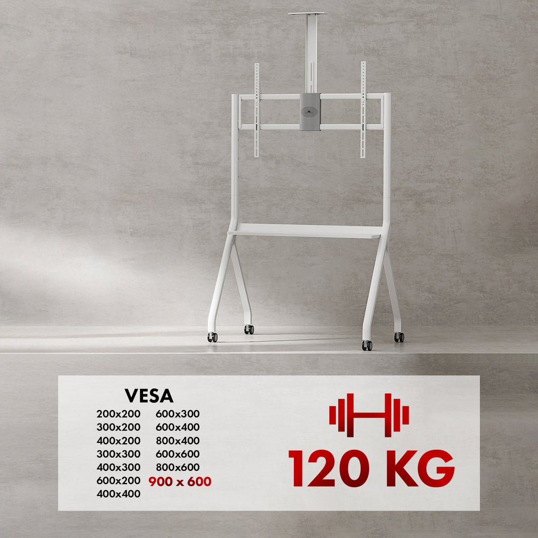 Maclean TV stojan / vozík, polička na kameru, na kolieskach, 55-100", max. zaťaženie 120kg/10kg polička, max. VESA 900x600, biela, MC-114 W