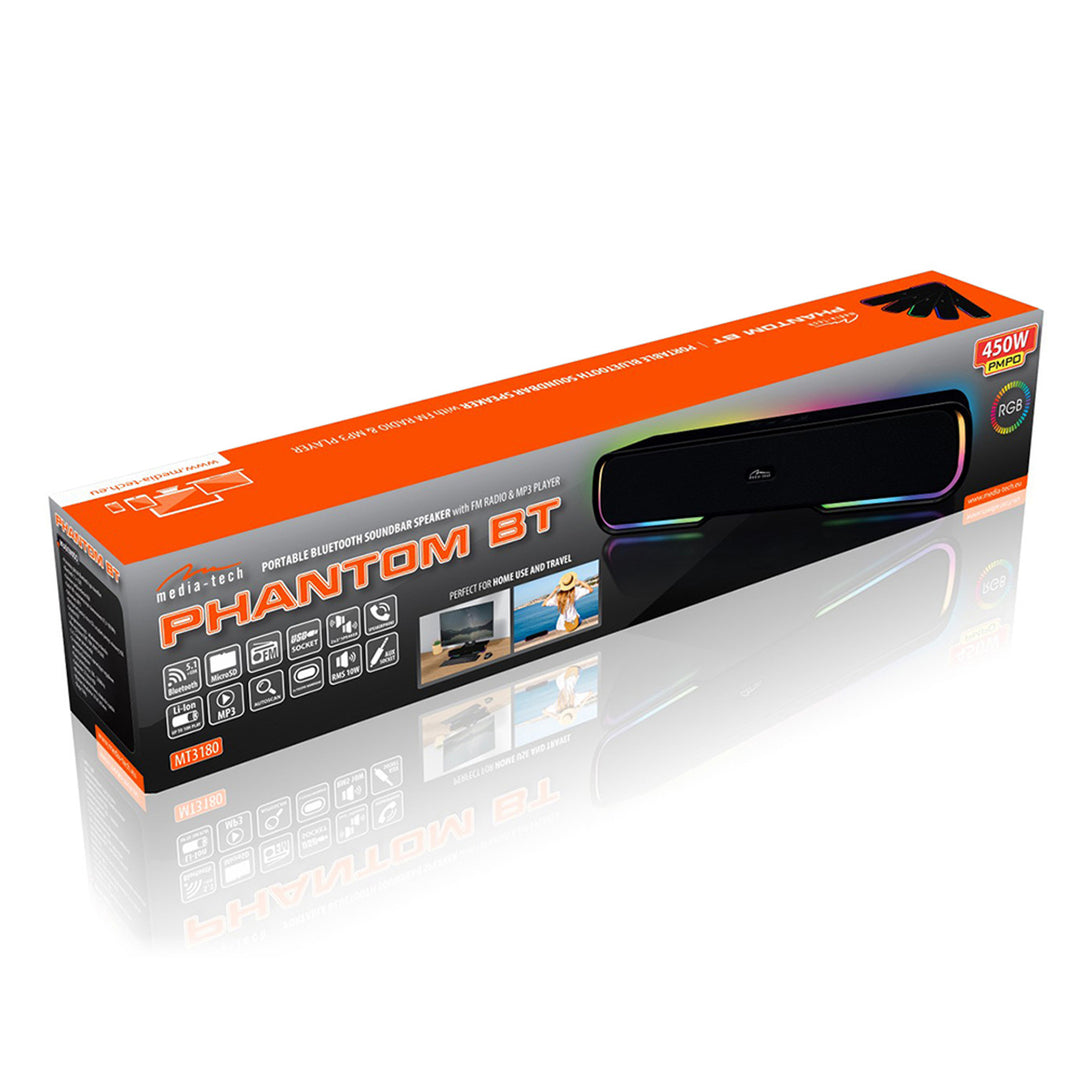 Prenosný reproduktor Bluetooth soundbar, viacfarebné podsvietenie RGB, RMS 10 W, PMPO 450 W, FM rádio, MP3. AUX, vstavaná nabíjateľná batéria, Media-Tech PHANTOM BT