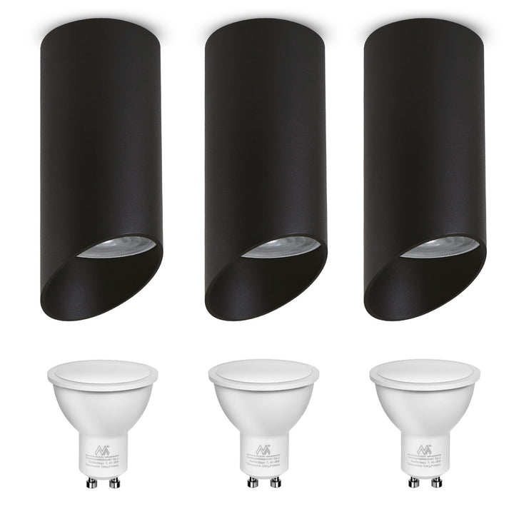 Maclean povrchové svietidlo/trubica, bodové, kruhové, hliníkové, GU10, 55x130mm, čierna farba, MCE360 B 3ks + LED žiarovka GU10 7W Maclean Energy MCE437 NW neutrálna biela 4000K, 220-240V~, 50/60Hz 3ks