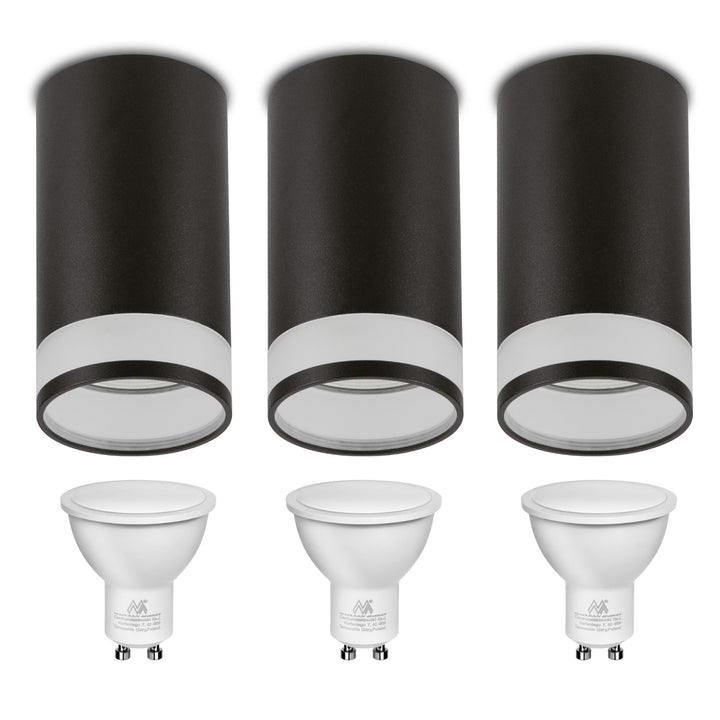Maclean povrchové svietidlo / trubica, bodové, kruhové, hliníkové, GU10, 55x130mm, čierna farba, MCE361 B 3ks+ LED žiarovka GU10 7W Maclean Energy MCE437 NW neutrálna biela 4000K, 220-240V~, 50/60Hz, 490 3ks