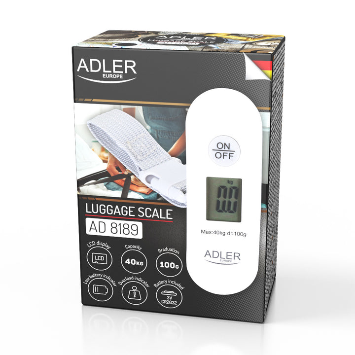 Váha na batožinu Adler, do 40 kg, LCD displej, funkcia tara a stabilizácie, biela a sivá, AD 8189
