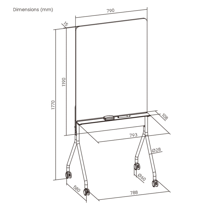 Ergo Office mobilná tabuľa na suché mazanie, vertikálna orientácia, biela, jednostranná, s policou, rozmery tabule 1190x790 mm, ER-305