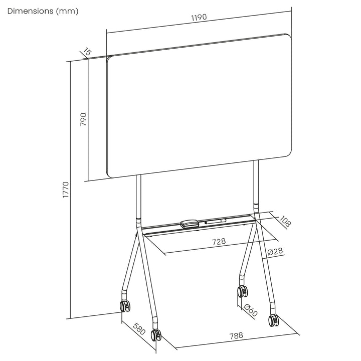 Mobilná tabuľa Ergo Office na suché mazanie, horizontálna orientácia, biela, jednostranná, s policou, rozmery tabule 1190x790 mm, ER-306