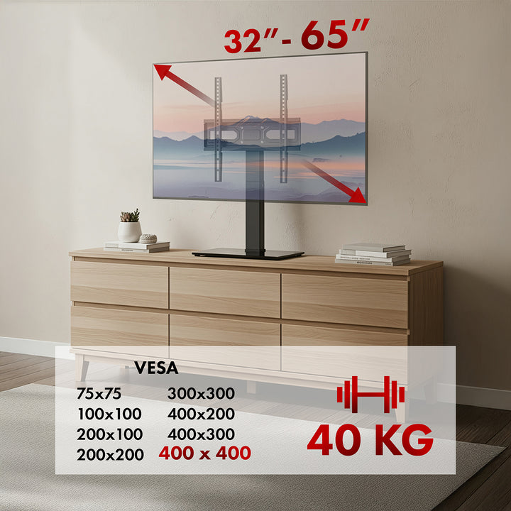 Univerzálny TV stojan Maclean, pre RTV skrinku, stojan, max. 40 kg, max. VESA 400x400, nastavenie výšky a uhla, pre TV 32-65", MC-1240