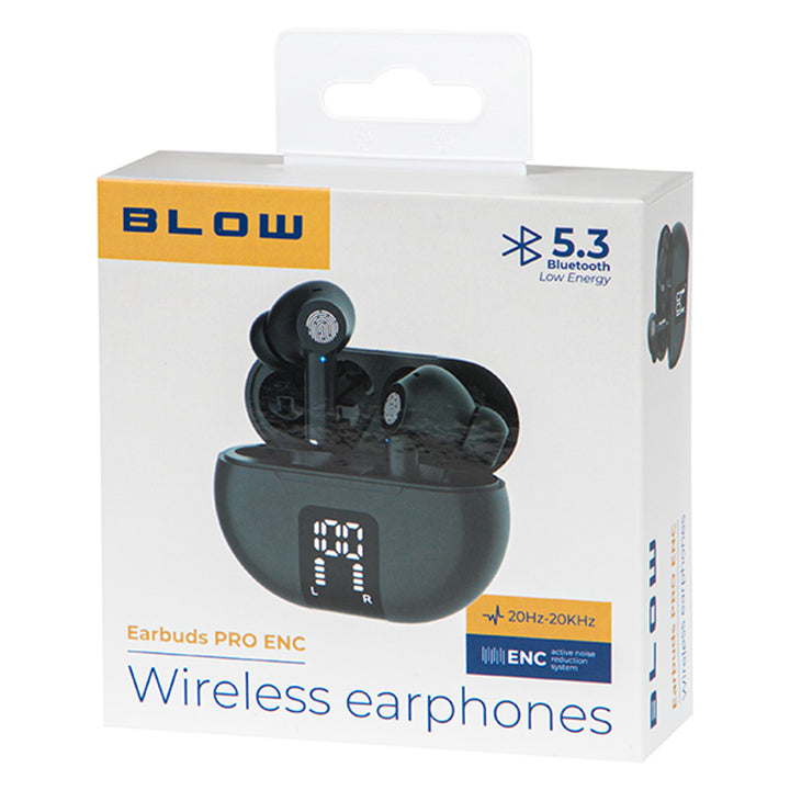 Bezdrôtové slúchadlá BLOW, Bluetooth 5.3, LED displej, systém ENC, PRO ENC BLACK