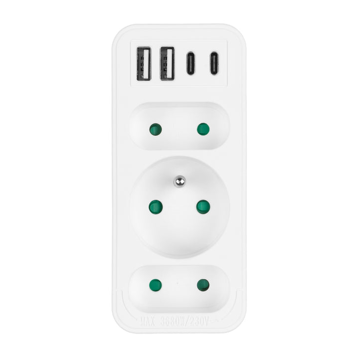 Prúdová zásuvka x3 + 4xUSB Maclean, 3-zásuvkový rozdeľovač, 2xUSB A, 2xUSB C PD 20W, 1x16A + 2x6A, MCE248 F/W