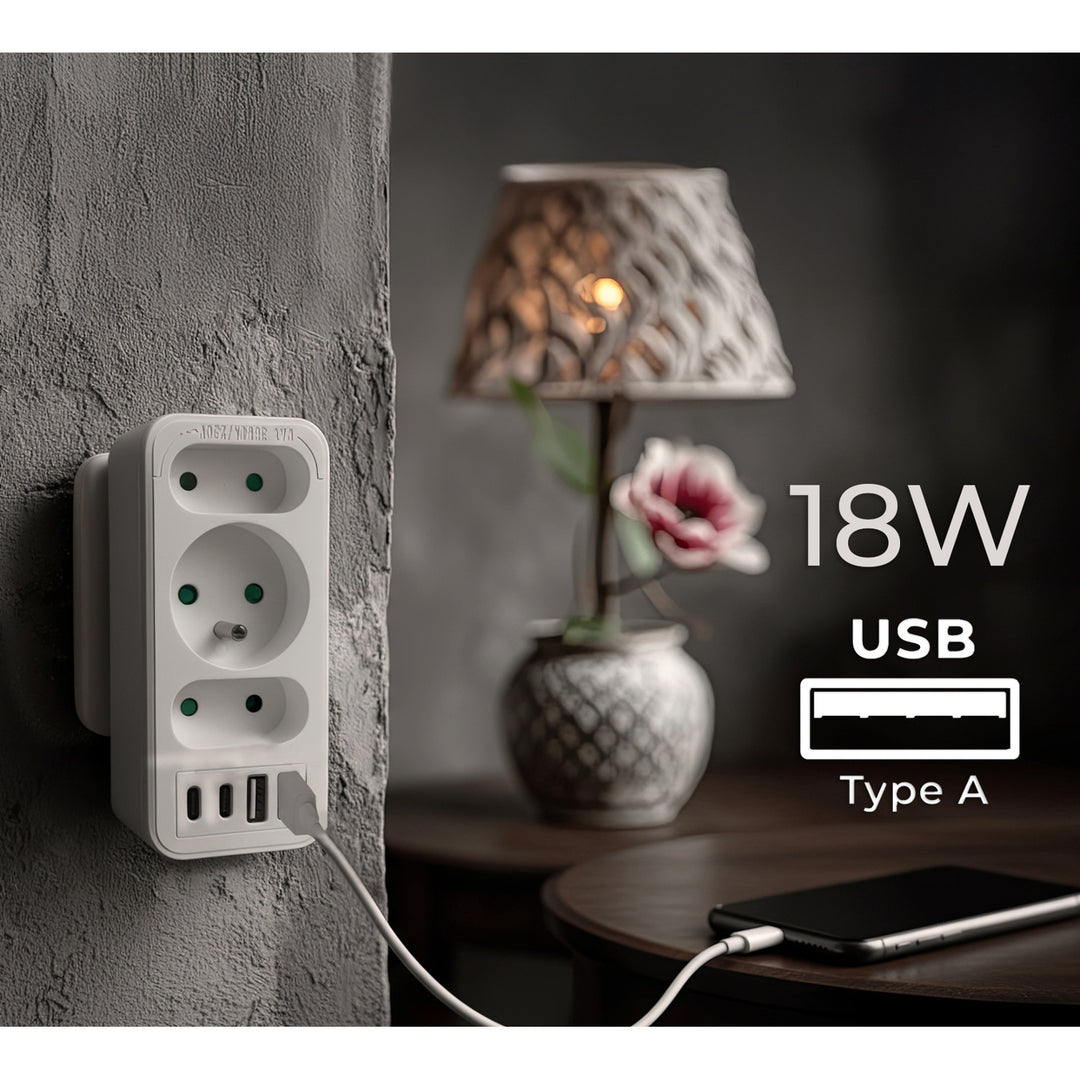 Prúdová zásuvka x3 + 4xUSB Maclean, 3-zásuvkový rozdeľovač, 2xUSB A, 2xUSB C PD 20W, 1x16A + 2x6A, MCE248 F/W