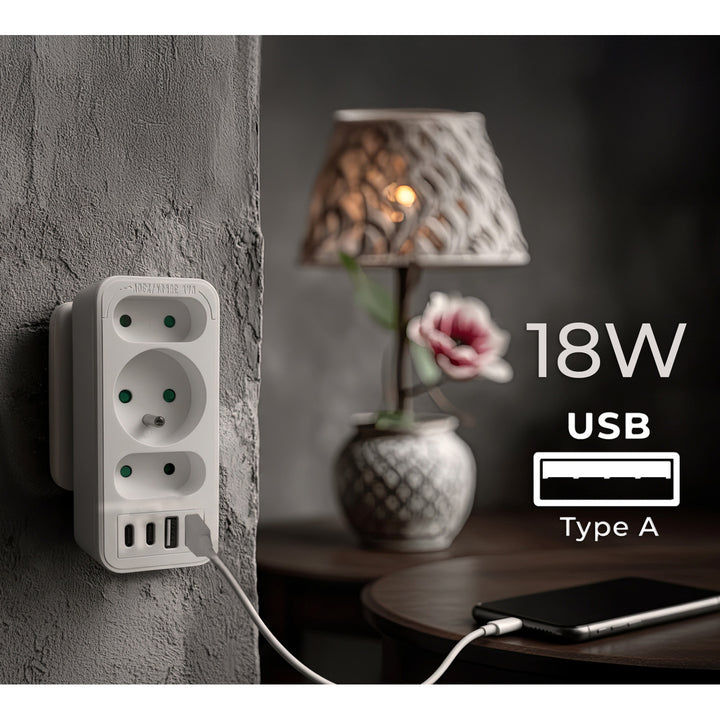 Prúdová zásuvka x3 + 4xUSB Maclean, 3-zásuvkový rozdeľovač, 2xUSB A, 2xUSB C PD 20W, 1x16A + 2x6A, MCE248 F/W