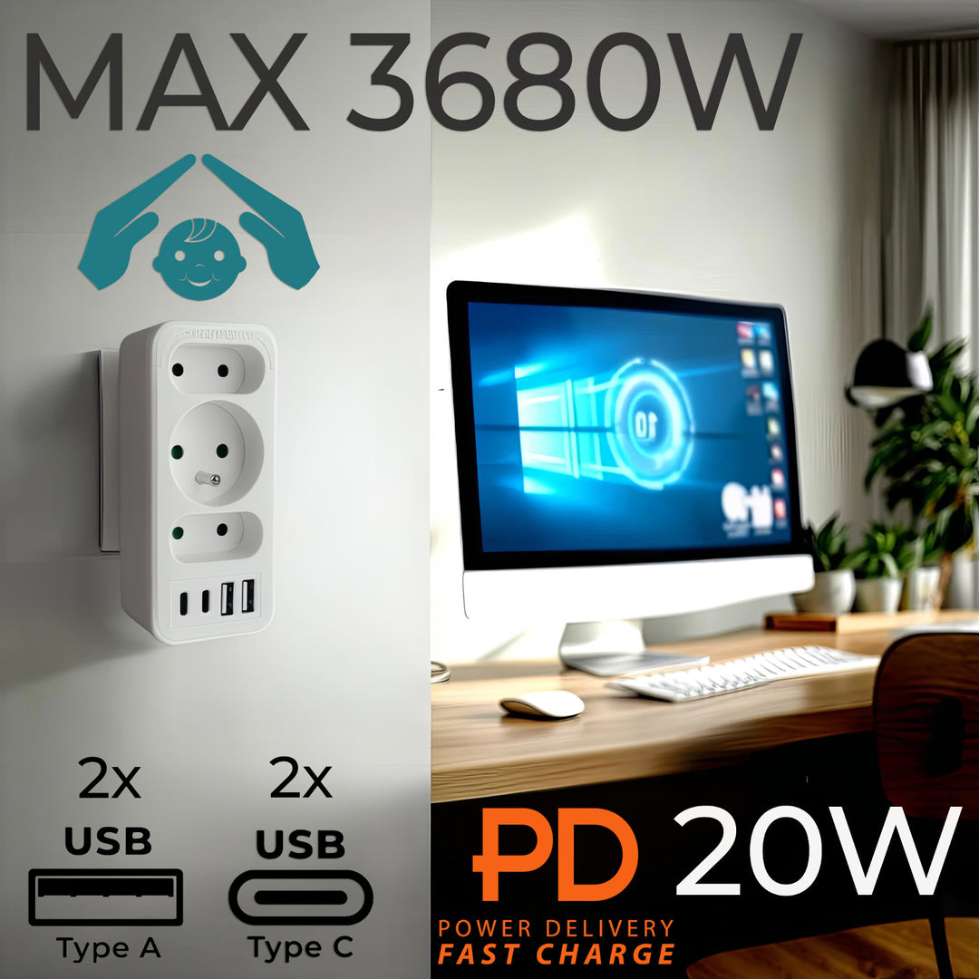 Prúdová zásuvka x3 + 4xUSB Maclean, 3-zásuvkový rozdeľovač, 2xUSB A, 2xUSB C PD 20W, 1x16A + 2x6A, MCE248 F/W