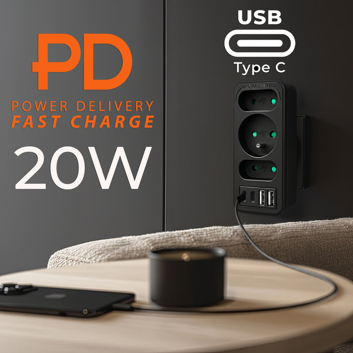 Prúdová zásuvka x3 + 4xUSB Maclean, 3-zásuvkový rozdeľovač, 2xUSB A, 2xUSB C PD 20W, 1x16A + 2x6A, MCE248 F/B